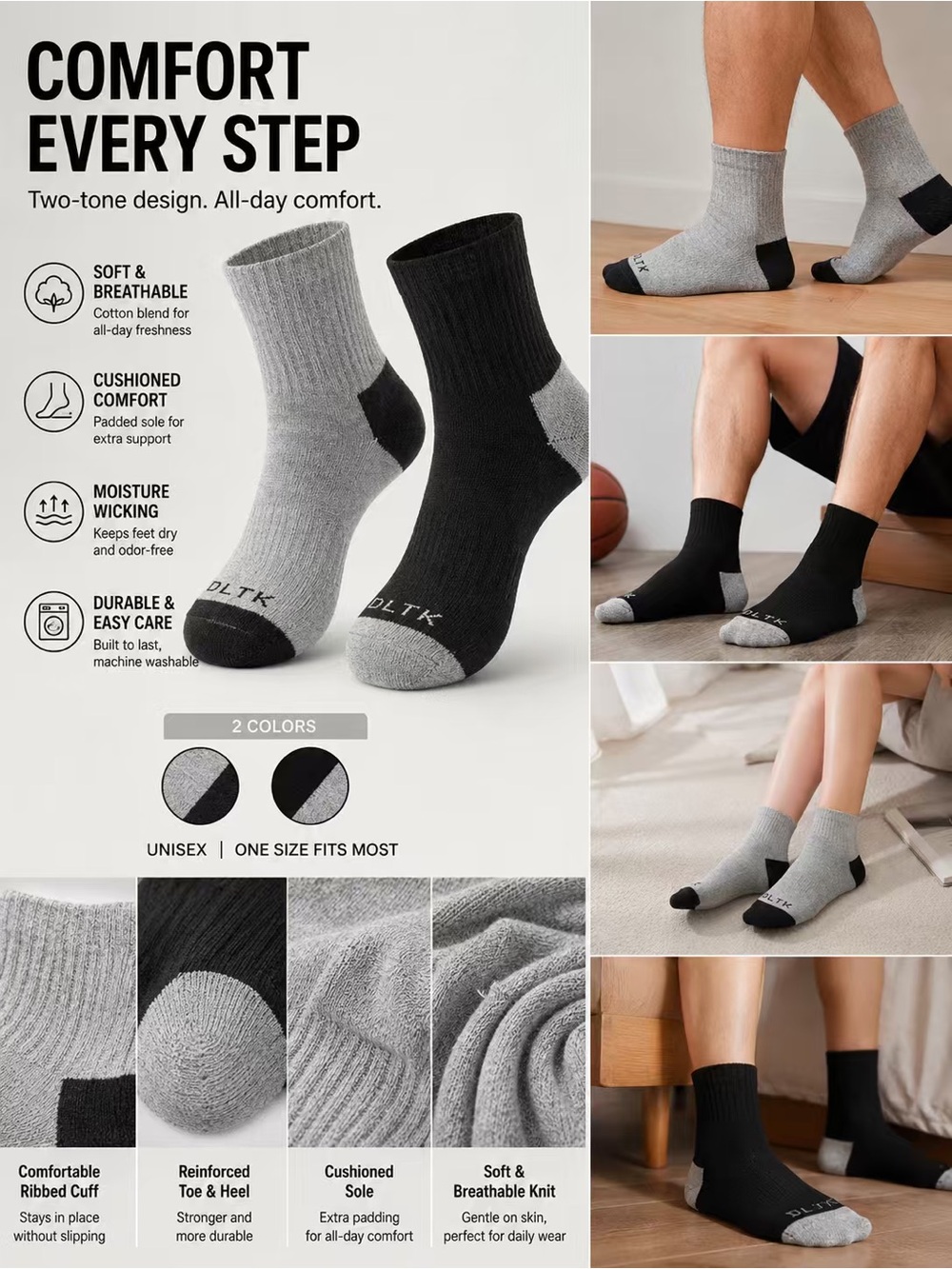 Unisex Two-Tone Cushioned Crew Socks - Unisex-6pcs
